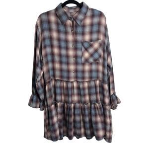 Vintage Havana Cream and Blue Plaid Button Front Long Sleeve Mini Dress